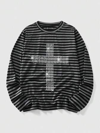 Goth Maglietta a maniche lunghe da uomo a righe con rivetti e vestibilità slim