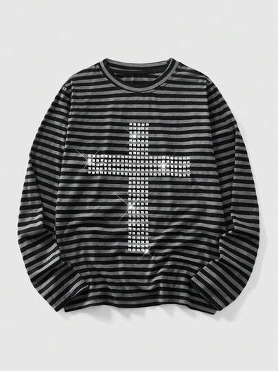 Street Life Maglietta a maniche lunghe da uomo a righe con rivetti e vestibilità slim