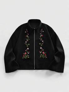 ROMWE MEN Street Life 男士花卉刺绣优雅长袖翻领夹克 - 黑色 - 查看 1