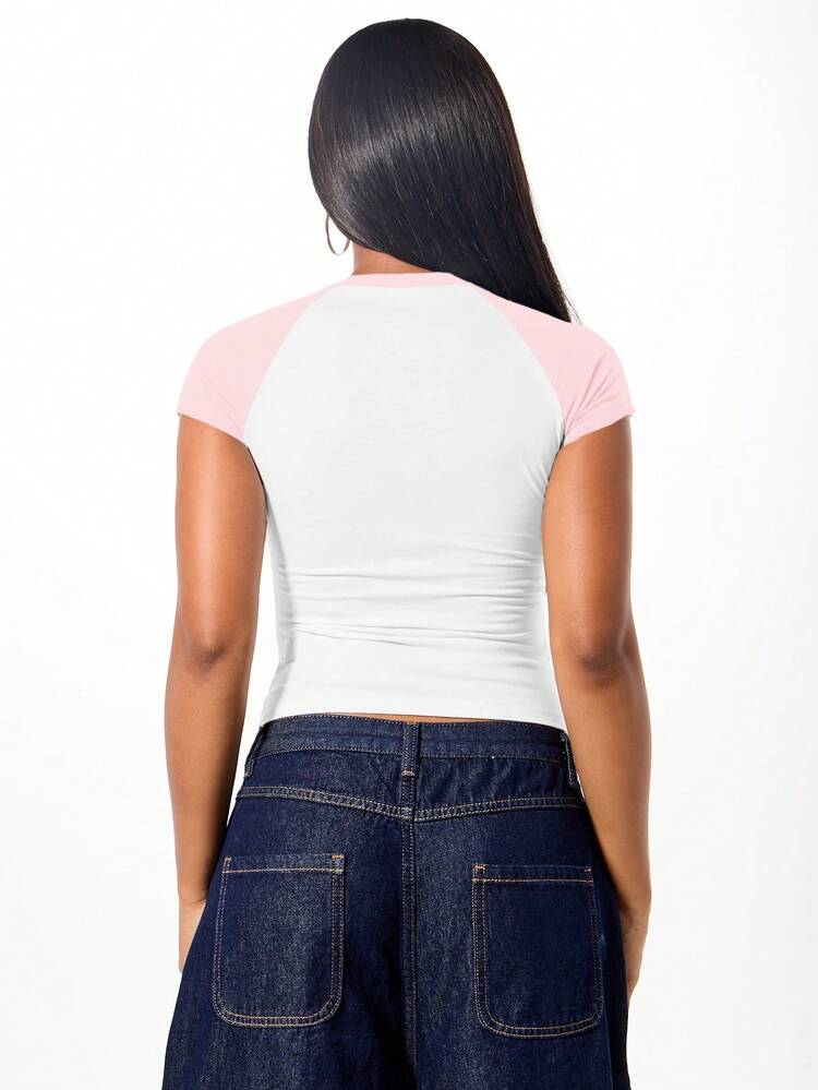 SUMWON WOMEN Contrast Raglan Sleeve Baby Tee With Retro Graphic