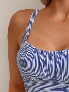 Swim Basics 2pcs Women Modest Striped Ruched Front Camisole Top And Side Drawstring Tie Triangle Bottom Tankini Swimsuit Set, Christmas Outfits, New Year Outfits - Blue and White - View 4