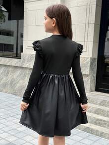 SHEIN 少女黑色针织拼接PU腰部修身长袖休闲日常时尚百搭连衣裙 - 黑色 - 查看 6