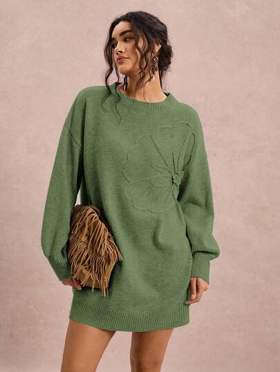 Freevana Plus Size Floral Textured Crew Neck Long Sleeve Sweater Dress/Winter