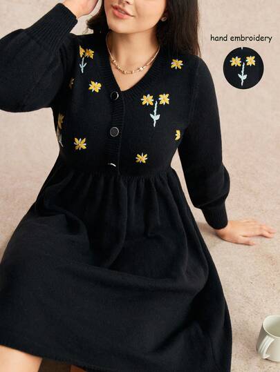 Nubod Vestido de suéter de talla grande de unicolor con bordado floral elegante, romántico y casual de moda para otoño/invierno