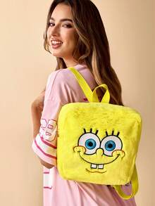 SpongeBob SquarePants | SHEIN 1 Mochila de peluche con bordado de dibujos animados, correa ajustable, bolsa de fitness, bolsa casual, mochila de lona, bolsa escolar, bolsa de viaje, para niñas, para niños, para adolescentes, para mujeres, para hombres, ideas de regalo - Amarillo - Ver 3