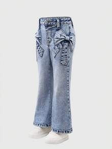 Girls' Flare Jeans,Blue Summer Back-To-School Lightweight Washed Denim,Cute Bow Decor,Comfortable Cotton,Casual&Versatile For Daily Wear,Party,Travel - Medium Wash - View 5