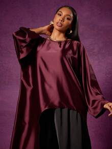 Vixey Solid Satin Asymmetrical Hem Mock Neck Long Sleeve Maxi Top - Burgundy - View 3