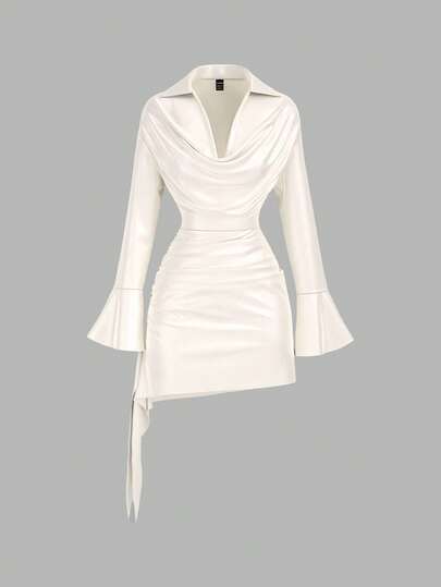 SHEIN Tall 女式褶裥优雅杏色绉纱荷叶边领喇叭袖衬衫，秋冬，女式西部服饰，2000 年代风格，女士西部全白派对服装，复古，女士冬季全白派对服装，露肩，女士机场全白派对服装，万圣节服装，女士教师全白派对服装，女士办公室全白派对服装，缎面连衣裙，女士优雅连衣裙