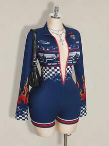 SHEIN ICON 加大码 Y2K 外出运动风格摩托车印花长袖连体裤 - 藏蓝色 - 查看 4