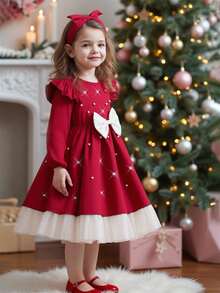 Glamorique Kids 1pc Girls Autumn New Round Neck Flutter Sleeve Ruffle Hem Long Sleeve Red Solid Color Fabric Spliced Apricot Waist Apricot Bow Splice Back Water Drop Big Bow Decor Party Birthday Christmas Valentine Princess Dress