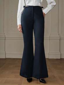 Chiquease Women's Solid Color Fashionable Design Sense Fitted Casual Button Flare Pants - Blue - View 4