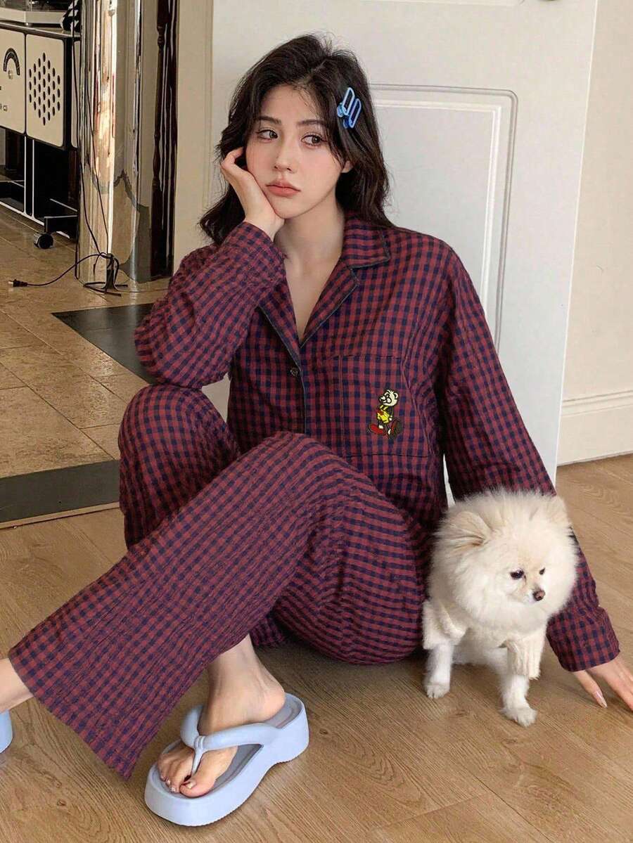 DAZY 少女休闲格子家居服套装，宽松舒适卡通图案直筒裤，秋季款 - 中紫紅色 - 查看 1