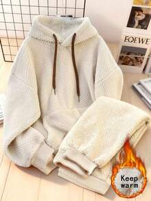 Resyla 女士休闲保暖落肩抽绳连帽衫和裤子两件套，秋冬季 - 杏色 - 查看 3