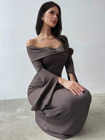 Firerie Kadınlar için Yeni Zarif Romantik Buluşma Partisi Düğün Davetiyesi Kahverengi Uzun Kollu Asimetrik Omuzlu Dantel Patchwork Dar Elbise, Sonbahar/Kış Bayan Elbisesi, Kahverengi Bayan Elbisesi, Dış Giyim