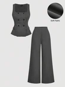 SHEIN MOD 灰色双排扣V领马甲裤套装（两件套），适合办公室穿着，复古优雅风格，学院风，职业装，秋冬季教堂女装 - 深灰色 - 查看 1