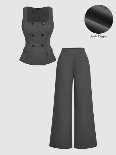 SHEIN MOD 2pcs/Set Gray Double-Breasted V-Neck Vest & Trousers Suit, Office Attire, Retro-Elegant Style, Collegiate Fashion, Professional,Church Women Clothes In Fall/Winter