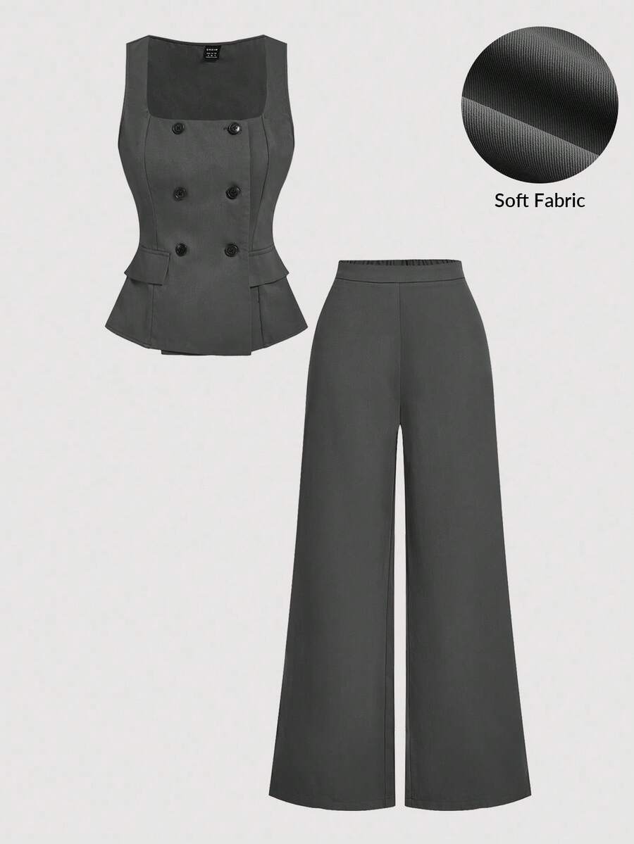 SHEIN MOD 灰色双排扣V领马甲裤套装（两件套），适合办公室穿着，复古优雅风格，学院风，职业装，秋冬季教堂女装 - 深灰色 - 查看 1