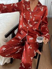 蝴蝶结波点仿丝绸女士长袖睡衣套装 - 紅色 - 查看 1