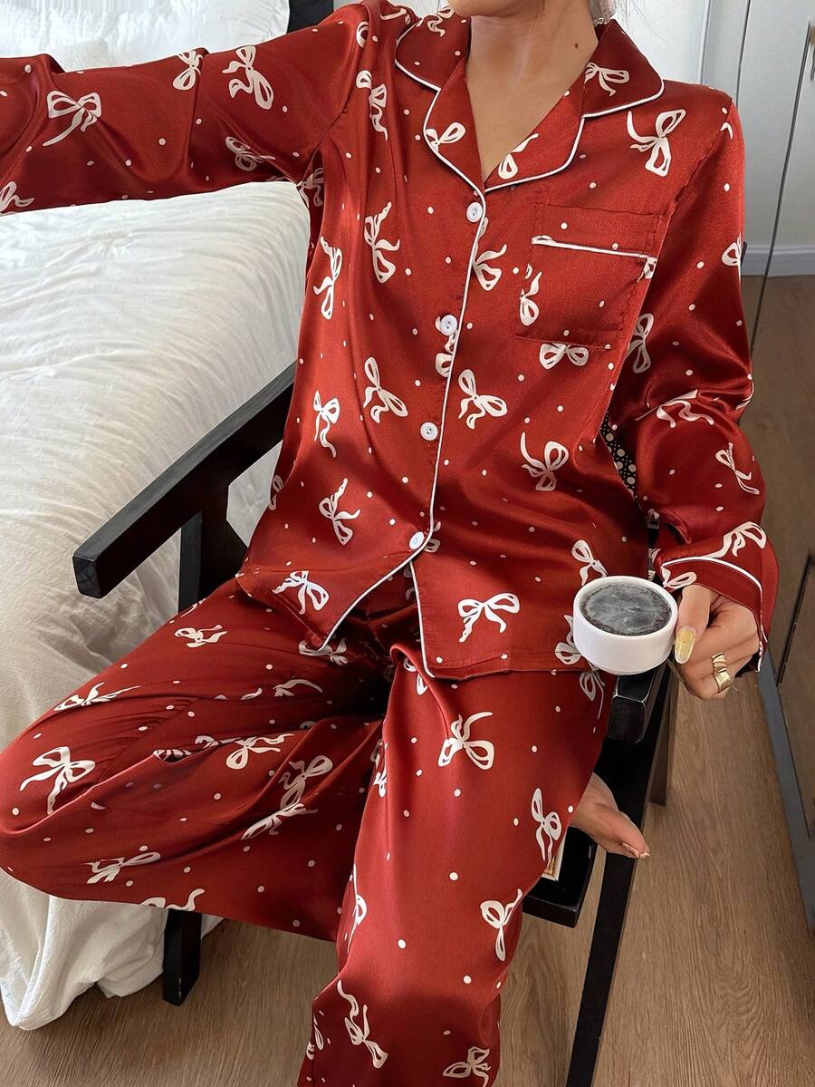 蝴蝶结波点仿丝绸女士长袖睡衣套装 - 紅色 - 查看 1