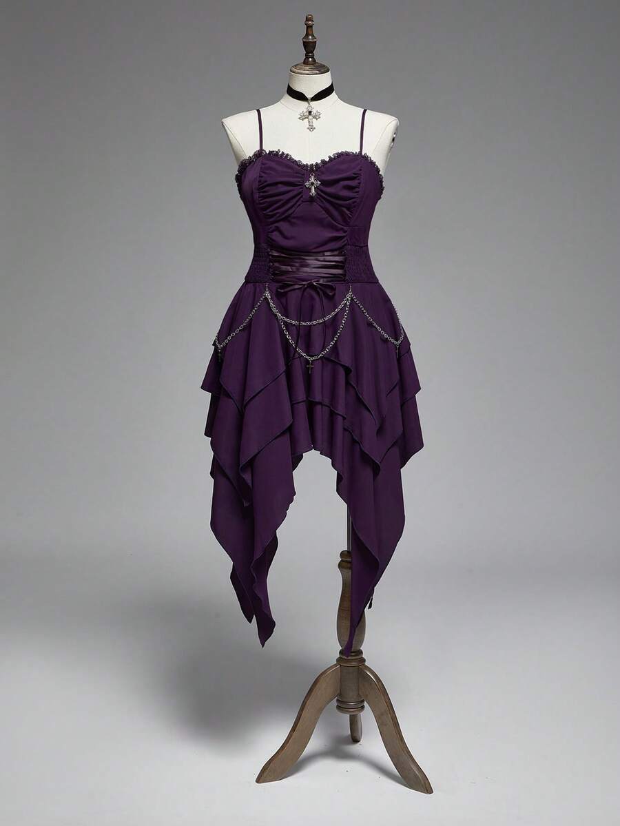 ROMWE Robe femme grande taille gothique vintage avec chaîne métallique amovible à la taille et ourlet asymétrique - Prune - Voir 1