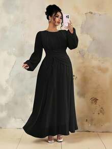 Roveilla Plus Size Women's Spring/Summer French Romantic Sicily Elegant Casual Commute Vacation Christmas Party Solid Brown Round Neck Ruched Waist Drawstring A-Line Elastic Waist Long Sleeve Maxi Dress Dress Modest Long Sleeve Formal Dress Black Church Dress Black Long Dress Elegant Black Maternity Dress