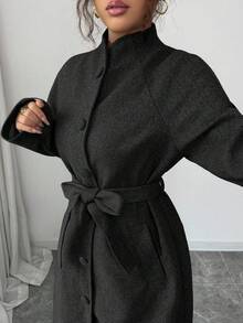 SHEIN Elenzya 女士加厚面料立领插肩袖腰部抽绳设计优雅教师/学生外套，生日礼物、约会、派对、独立日、网络星期一、万圣节、双十一、返校派对 - 黑色 - 查看 3