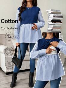 SHEIN Maternity Casual Striped Patchwork Nursing Top, Autumn