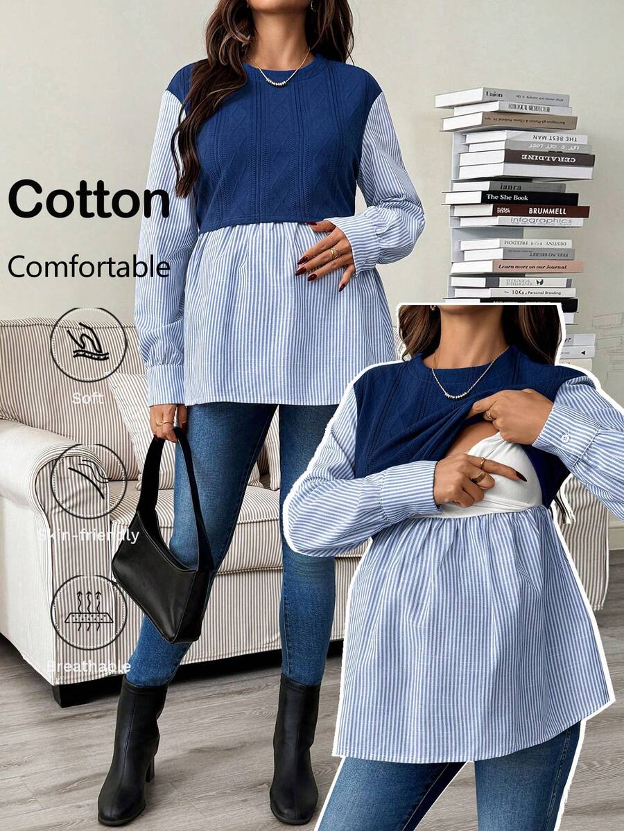 SHEIN Maternity Casual Striped Patchwork Nursing Top, Autumn