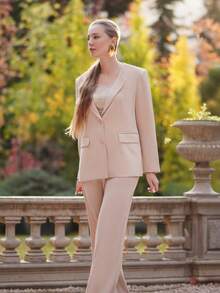 Anewsta Elaire 2 piezas Conjunto de traje relajado de color camello para mujer: Chaqueta tipo blazer holgada + Pantalones rectos - Camel - Ver 7