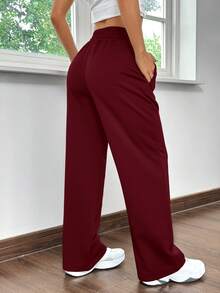 SHEIN EZwear 针织休闲宽松直筒运动裤，红色和酒红色 - 酒紅色 - 查看 2