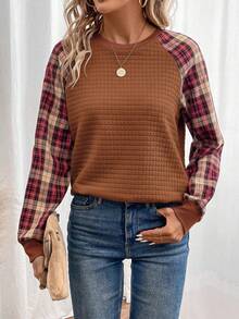 EMERY ROSE Plaid Raglan Sleeve Sweatshirt In Fall/Winter,Fall,Fall Clothes For Women,Women's Winter Clothes Brown Long Sleeve Top - Brown - View 6
