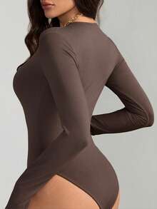 SHEIN Tall Solid Slim Fit Spring Women Bodysuit - Coffee Brown - View 2