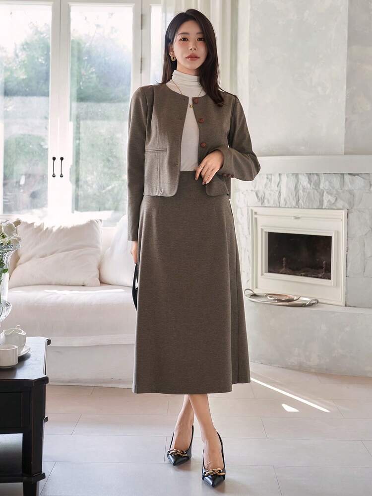 Women's Casual Solid Color Round Neck Jacket And A-Line Skirt 2-Piece Set, Autumn
