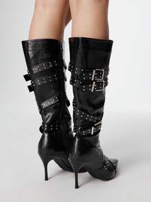 Sugerpunk 女士可调节搭扣中筒高跟靴，时尚通勤款 - 黑色 - 查看 5