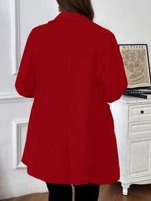 Jaqueta de Lã de Manga Longa com Bolso e Botões na Frente, Casual e Monocromática, Plus Size - Vermelho - Visão 2