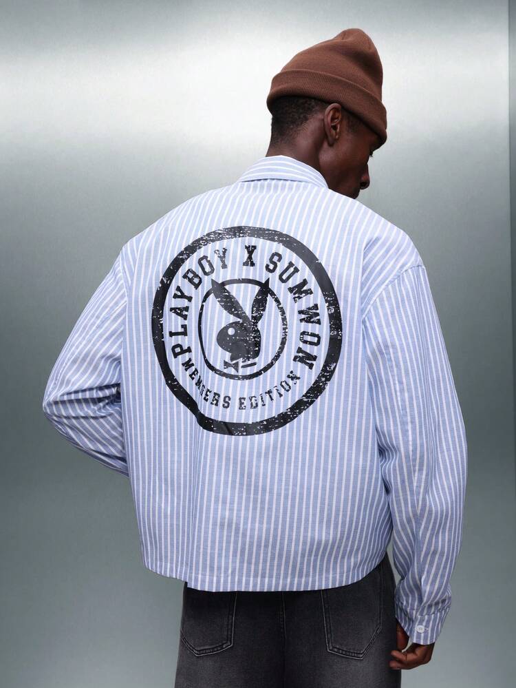 PLAYBOY X SUMWON Logo Striped Button Down Shirt Long Sleeve Collared Business Casual Cropped Fit Design