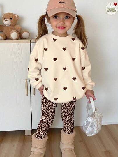 SHEIN Happikins 2pcs Young Girl Casual Cute Sweet Polka Dot Heart Pattern, Retro Leopard Print, Creamy Yellow, Round Neck Long Sleeve Sweatshirt And Leggings Set, Suitable For Autumn/Winter