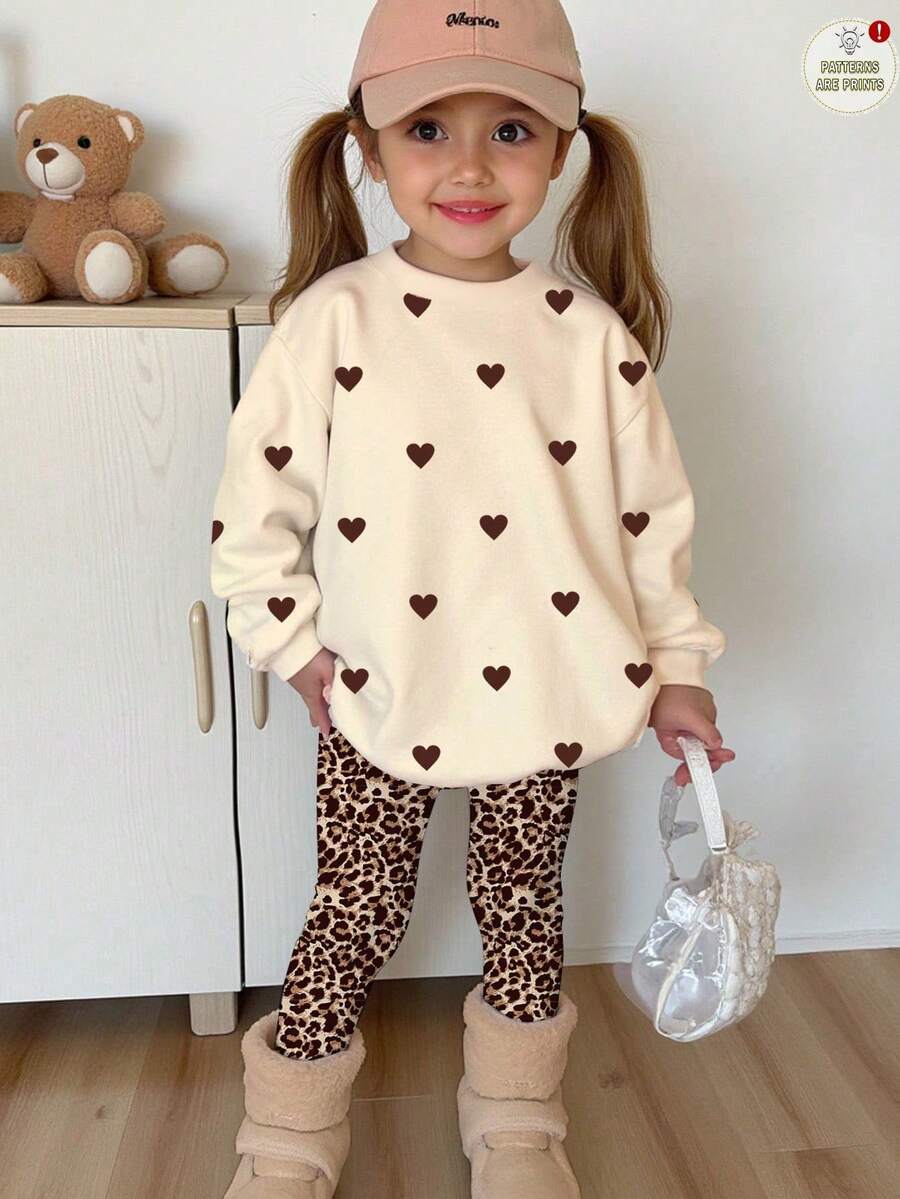 SHEIN Happikins 2pcs Young Girl Casual Cute Sweet Polka Dot Heart Pattern, Retro Leopard Print, Creamy Yellow, Round Neck Long Sleeve Sweatshirt And Leggings Set, Suitable For Autumn/Winter - Multicolor - View 1