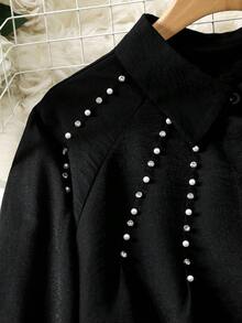 Lacomfia Blusa holgada de manga larga con aplicaciones de rhinestones, casual, cómoda y versátil, de unicolor y talla grande - Negro - Ver 5