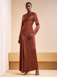 Zivah 2025 Autumn/Winter New Music Festival, Easter, St. Patrick's Day, Western, Nomadic, Birthday Party, Graduation, College Style, Student, Daily Wear, Basic Versatile, Casual, Vacation, Cruise Travel, Beach, Sunbathing, Viral , Streetwear, Wedding Guest Boho, Commute, Brunch, Airport, Party, Holiday Outing, Elegant Banquet Brown Long Dress With Crew Neck, Long Sleeves, Waist Ruching, Side Slit, Satin Fabric Long Dress With Slit Long Dress With Sleeves Rust Brown Dress Dress Modest - Rust Brown - View 5