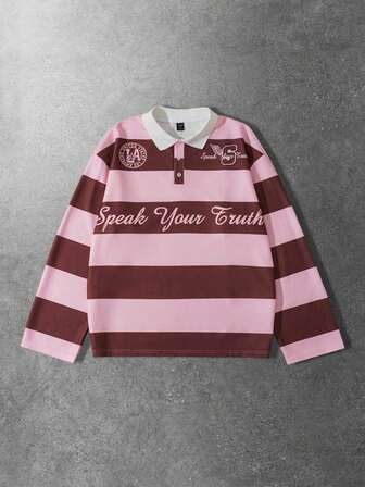 Street Life Men's Preppy Striped Letter Print Polo Collar Long Sleeve T-Shirt, Autumn