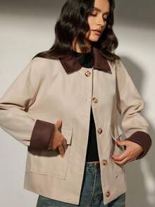 Aveloria Modichic 女士秋冬新款仿麂皮拼接撞色口袋装饰夹克，优雅休闲通勤风 - 卡其色 - 查看 4