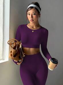 Gameset SHEIN Sport 女士纯色无缝高弹力短款上衣和紧身裤运动套装 - Bold Plum - 查看 6