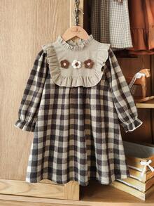 Vintaside Kids 女童休闲可爱格子图案3D立体花卉装饰长袖连衣裙，适合春、秋、冬三季室内外穿着，日常百搭。 - 彩色 - 查看 3