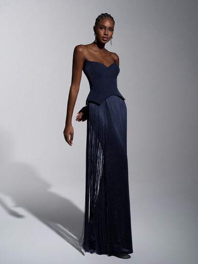 Elitara Elegant Luxury Sexy Knit Glitter Off-Shoulder Cat Collar Waist Tassel Decor Bodycon Dress, Suitable For Formal Occasions Like Galas, Exhibitions, Business Events, And Evening Parties