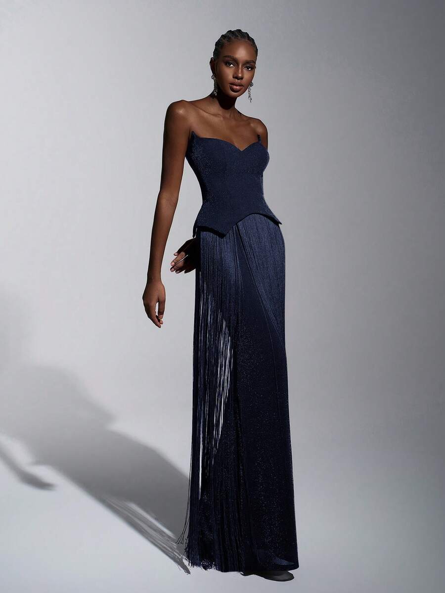 Elitara Elegant Luxury Sexy Knit Glitter Off-Shoulder Cat Collar Waist Tassel Decor Bodycon Dress, Suitable For Formal Occasions Like Galas, Exhibitions, Business Events, And Evening Parties - Navy Blue - View 1