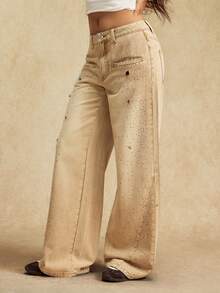 Easelle Quần jeans ống rộng dáng rộng thiết kế gợi cảm dành cho nữ, phong cách thoải mái - Màu Khaki - Xem 9