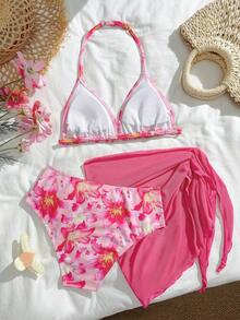SHEIN 1件套少女粉色扎染热带印花舒适针织面料泳装套装，搭配洋红色网纱裙，适合海滩、泳池、海边、度假、夏季、旅行等场合。这款少女泳装套装包含一条带裙的比基尼，适合青少年穿着。套装包含带裙的泳衣、沙滩装、比基尼套装、带纱笼裙的比基尼、系腰修身泳装等。 - 粉色 - 查看 2