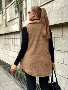 Muchica Plus Size Solid Color Fuzzy Front Button Sleeveless Jacket, Autumn/Winter - Khaki - View 2