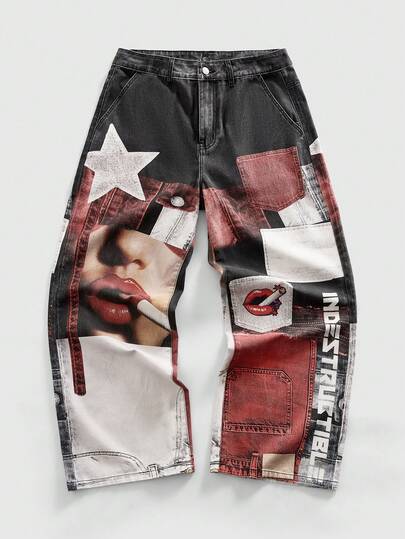 Street Life Jeans casuales rectos con estampado digital para hombres